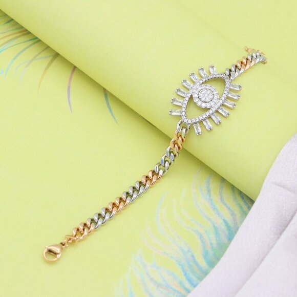 Sparkling Eye Charm Rose Gold and Silver Bracelet for Stylish Look, XPBL0646 - Picture 5 of 12